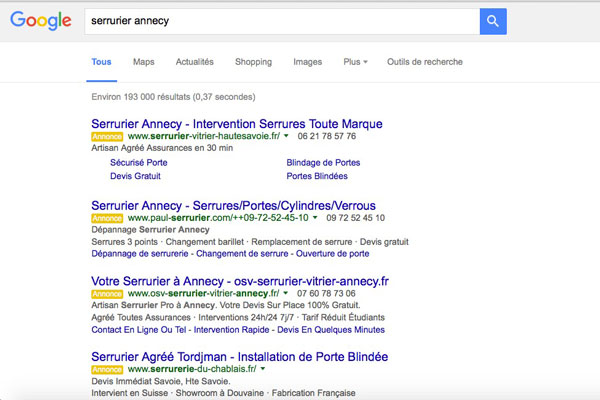 4 liens sponsorisés Adwords